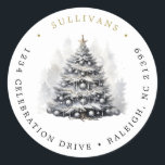 Modern Black Christmas Tree Winter Return Address Classic Round Sticker<br><div class="desc">Modern Black Christmas Tree Winter Return Address</div>