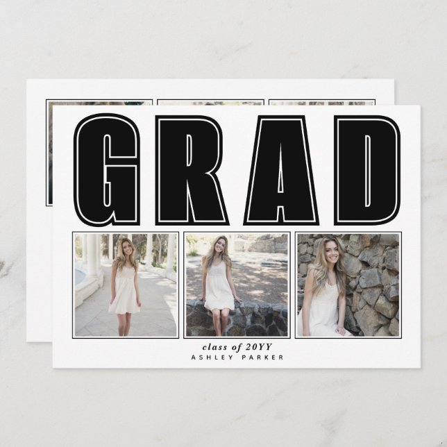 Modern black Class of 2025 GRAD graduation Invitation (Front/Back)