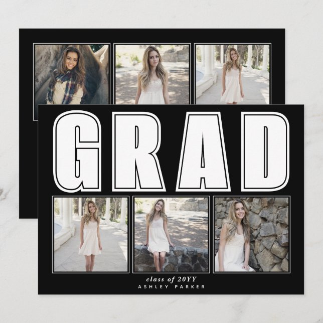 Modern black Class of 2025 GRAD graduation Invitation (Front/Back)