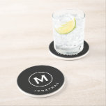 Modern Black Classic Monogram Name Stone Coaster<br><div class="desc">Minimal monogrammed design features a black background with your initial and name in classic block typography in white for a clean,  simple stylish look.</div>