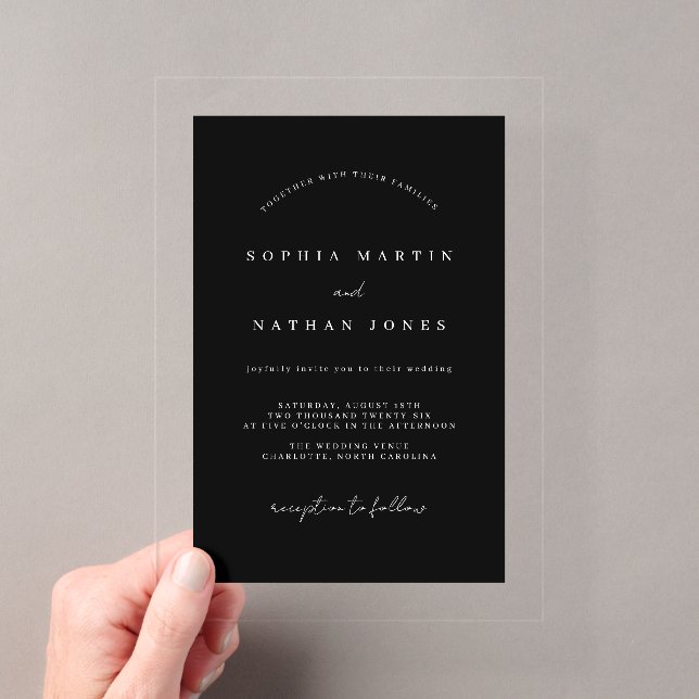 Modern Black Clear Minimalist Wedding Acrylic Invitations (Insitu (Handheld))