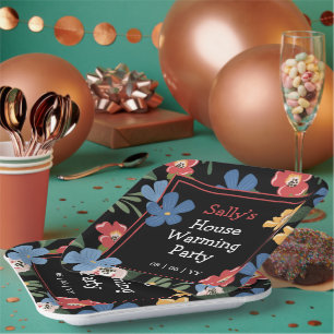 Modern Black Colorful Floral House Warming Party Paper Plate