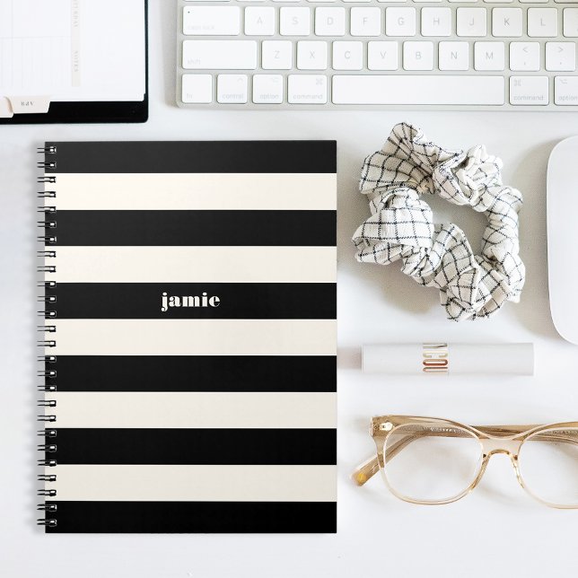 Modern Black & Cream Stripes Personalized Notebook (Creator Uploaded)