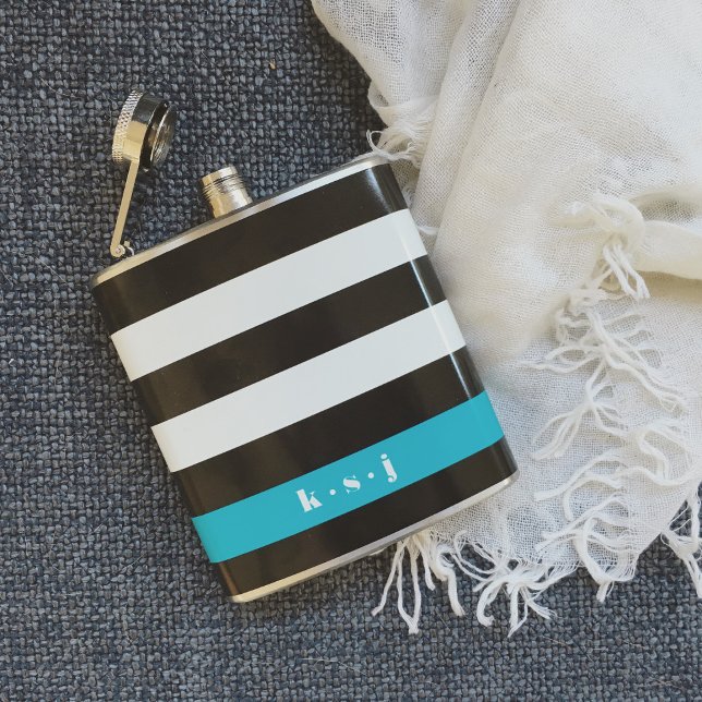 Modern Black, Cream & Turquoise Stripe Hip Flask (Creator Uploaded)