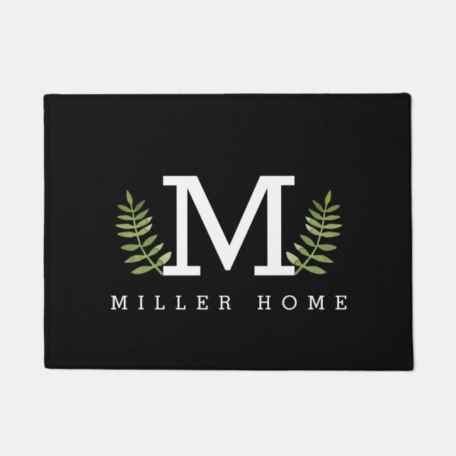 Modern Black Custom Family Name Green Fern Leaves Doormat (Front)