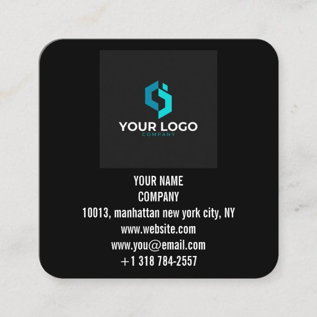 Modern Black Custom Logo and QR Code Square Business Card (Front)