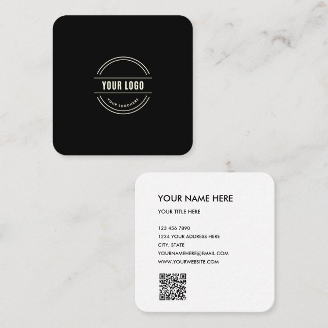 Modern Black Custom Logo and QR Code Square Square Business Card (Front/Back)