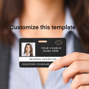 Modern Black Custom Logo Photo ID Church Volunteer Badge