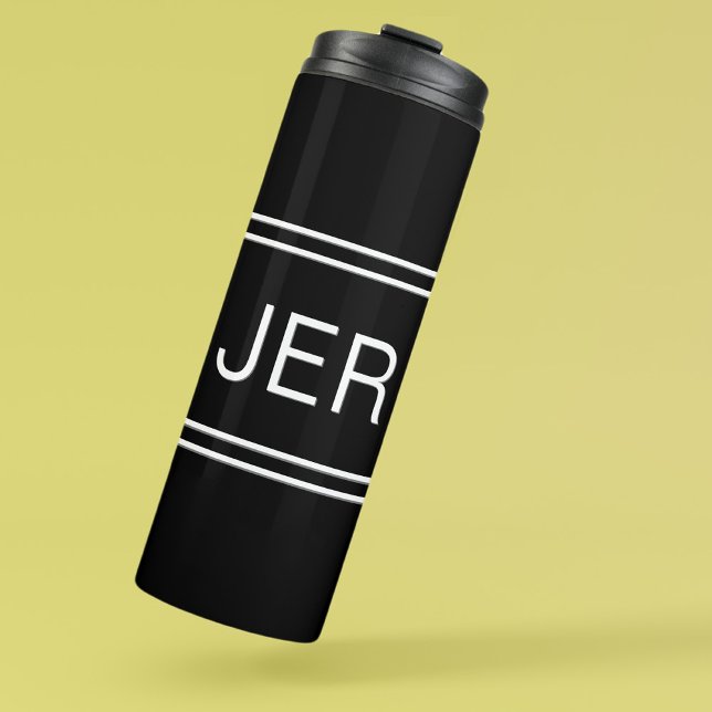 Modern Black Custom Monogram Stylish Initials  Thermal Tumbler (Modern Black & White Custom Monogrammed Initials Stylish Thermal Tumbler For Him or For Her)
