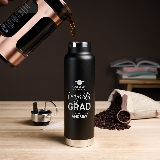 Modern Black Custom Name Graduation Gift Water Bottle (Coffee)