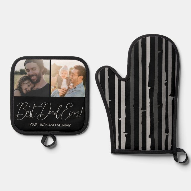 Modern Black Custom Photo Best Dad Ever Oven Mitt & Pot Holder Set (Front)