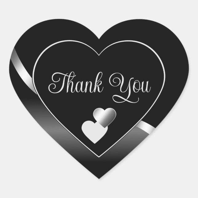 Modern Black Cute Hearts and Wavy Silver Thank You Heart Sticker (Front)