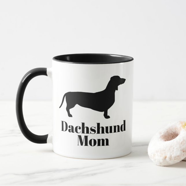 Modern Black Dachshund Silhouette Dachshund Mom Mug (With Donut)