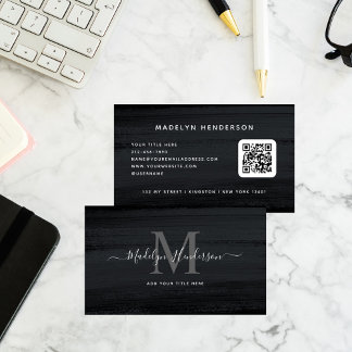 Modern Black Dark Grey Brush Strokes QR Code Business Card