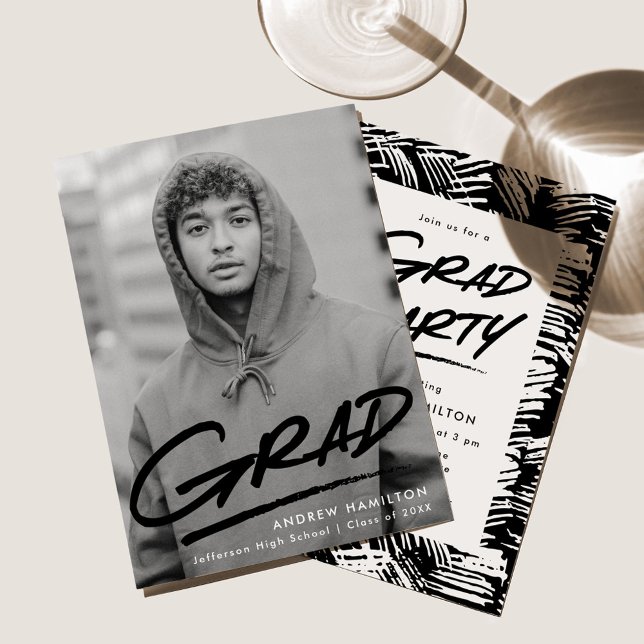 Modern Black Dashed Photo Graduation Party Invitation (Creator Uploaded)
