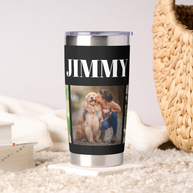 Modern Black Dog Owner Gift 3 Photo Collage  Insulated Tumbler (Living Room)