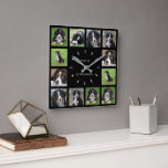 Modern black dog photo collage family name square wall clock<br><div class="desc">Modern black Family,  pet photo collage clock.
Add your own personal photos and name to personalize the clock and you will create a very personal and unique clock.</div>