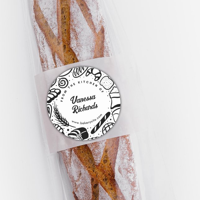 Modern Black Doodles Bakery Border Kitchen Cookie  Classic Round Sticker (Creator Uploaded)
