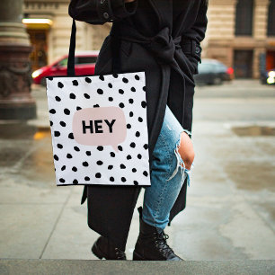 Modern Black Dots & Bubble Chat Pink With Hey Tote Bag