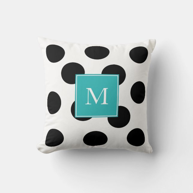 Modern black dots stripes teal monogram throw pillow (Front)