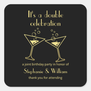 Modern Black Double Celebration Joint Birthday Square Sticker
