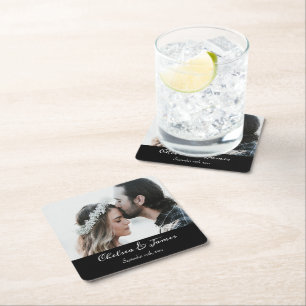 Modern Black Elegant Calligraphy Photo Wedding Square Paper Coaster