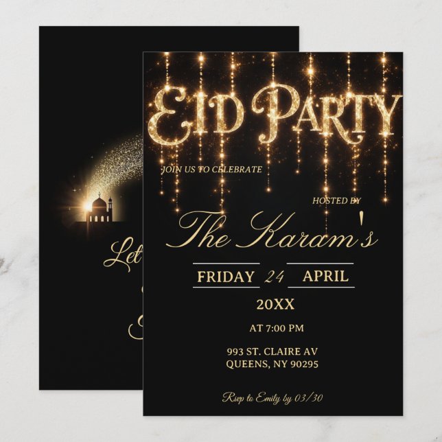 Modern Black elegant Eid Party Invitation  (Devant / Derrière)