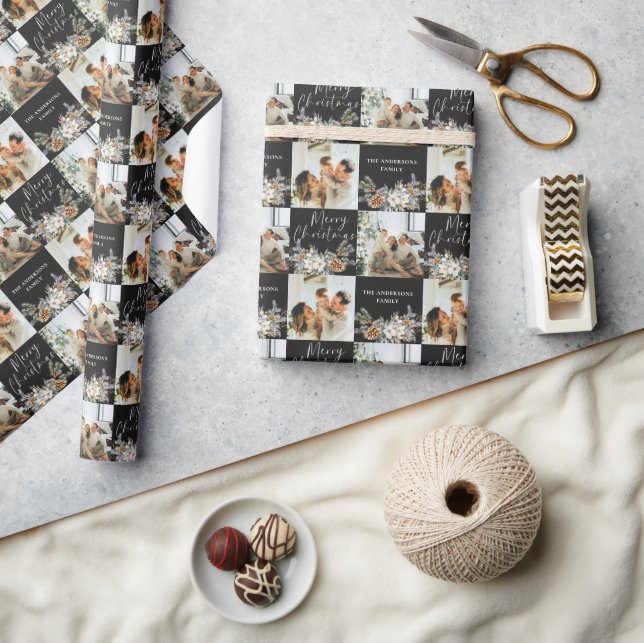 Modern Black Elegant Family Photo Merry Christmas Wrapping Paper (Crafts)