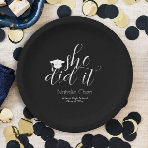 Modern Black Elegant Fonts Graduation Paper Plate