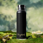 Modern Black Elegant Gold Script Chic Custom Name Water Bottle<br><div class="desc">Create your own custom, personalized, cool, chic, stylish, elegant faux gold typography script, modern geometric trendy light grey triangles pattern background, classy black, spill-proof, stainless steel, condensation-resistant exterior, monogrammed matte black durable double-wall Thor Copper Vacuum Insulated Bottle that keeps beverages hot for 12 hours or cold for 48 hours. Simply...</div>