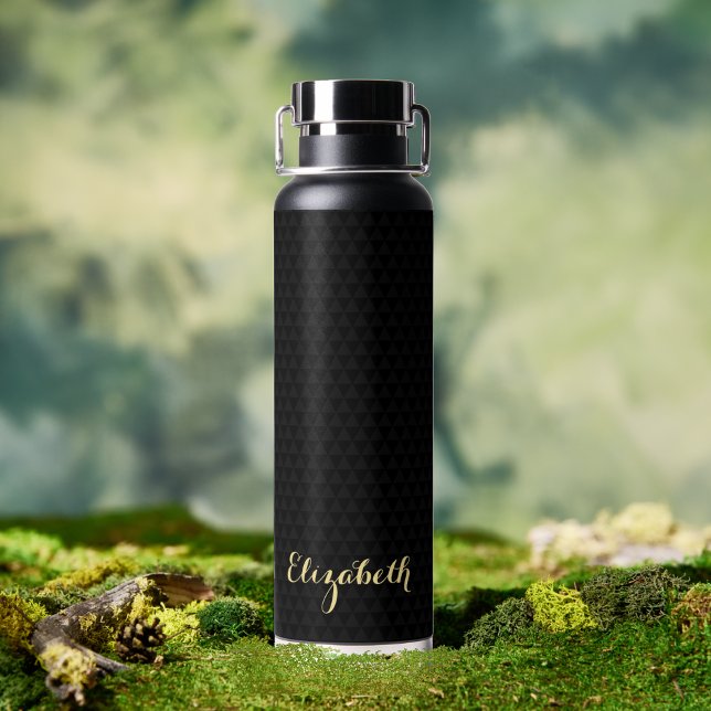 Modern Black Elegant Gold Script Chic Custom Name Water Bottle (Modern Black Elegant Gold Script Chic Custom Name Water Bottle)