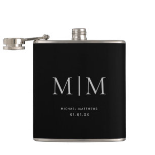 Modern Black Elegant Monogrammed Initial Name Hip Flask