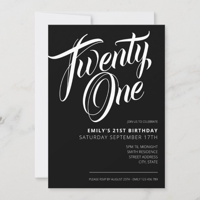 Modern Black Elegant Script 21st Birthday Invitation (Front)