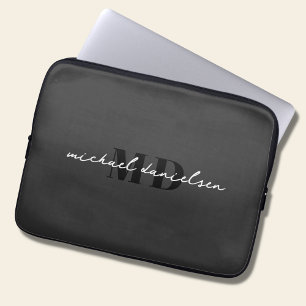 Modern Black & Elegant Script Initial Monogram Laptop Sleeve