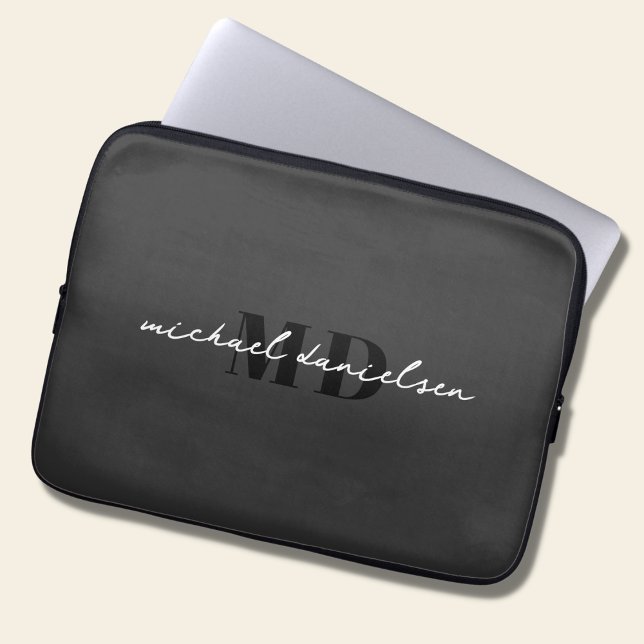 Modern Black & Elegant Script Initial Monogram Laptop Sleeve (Creator Uploaded)