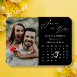 Modern Black Elegant Script Photo Save the Date Magnet<br><div class="desc">Modern Black Elegant Script ‘Save the Date’ Magnet featuring Custom Calendar with a beautiful Photo. Let your family, friends and colleagues know that you have set a date for your wedding celebration with this elegant magnet. To move the Ring marker > click blue ‘Personalize’ > scroll down > click blue...</div>