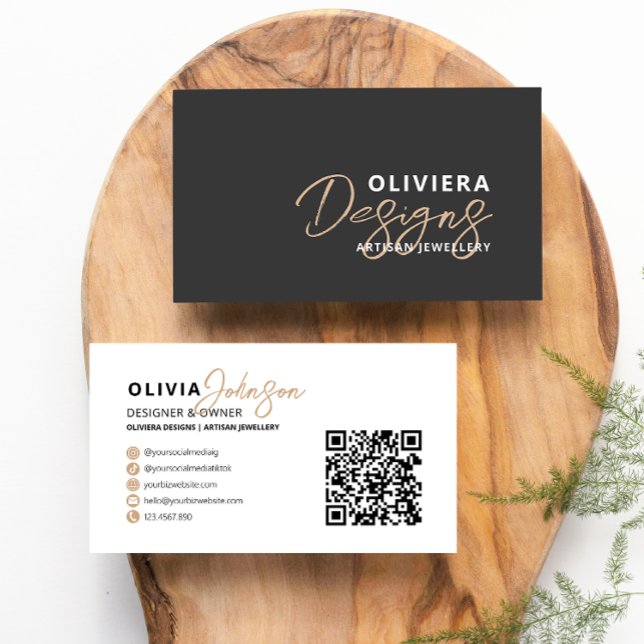 Modern Black Elegant Script Typography QR Code Business Card (Creator Uploaded)