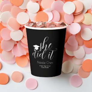 Modern Black Elegant She Did it Graduate Party Paper Cups