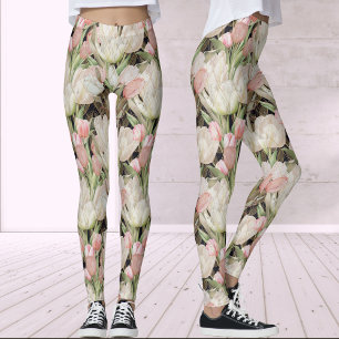 Modern Black Elegant Tulips with Gold Pattern Leggings