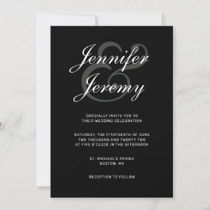 Modern Black Elegant White Grey Script Wedding Invitation