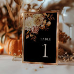Modern Black Fall Botanical Wedding Table Number<br><div class="desc">This elegant and rustic wedding table number features hand-painted watercolor burnt orange and terracotta leaves,  cream and beige dahlias,  and beautiful rust-coloured roses perfect for a fall or autumn wedding! Find matching items in the Black Autumn Romance Collection.</div>