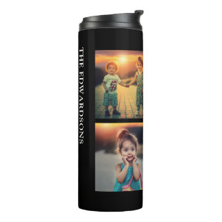 Modern black family 4 photo collage family name thermal tumbler