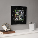Modern black Family custom photo collage Square Wall Clock<br><div class="desc">Family photo collage on black background clock.
Add your own personal photos to personalize the clock.</div>