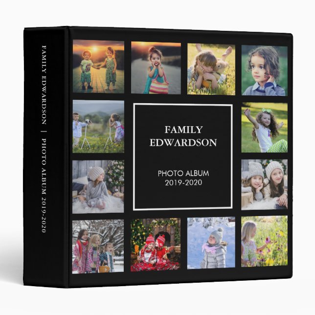 Modern black family photo collage monogram name binder (Front/Spine)
