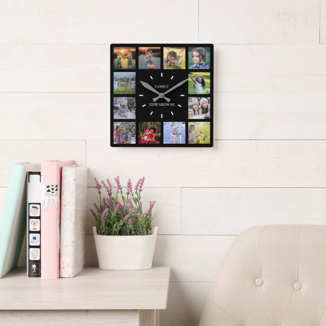 Modern black Family photo collage monogram name Square Wall Clock (Reading Room)