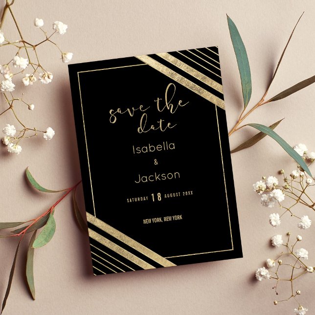 Modern black faux gold geometrical save the date (Modern black faux gold geometrical save the date)