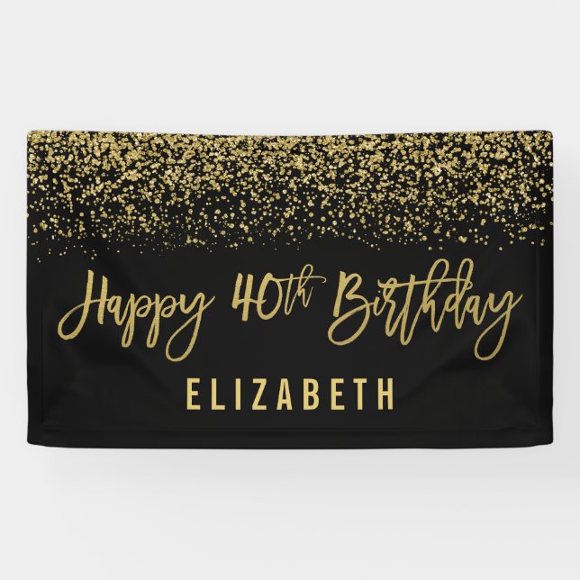 Modern Black Faux Gold Glitter 40th Birthday Banner (Horizontal)