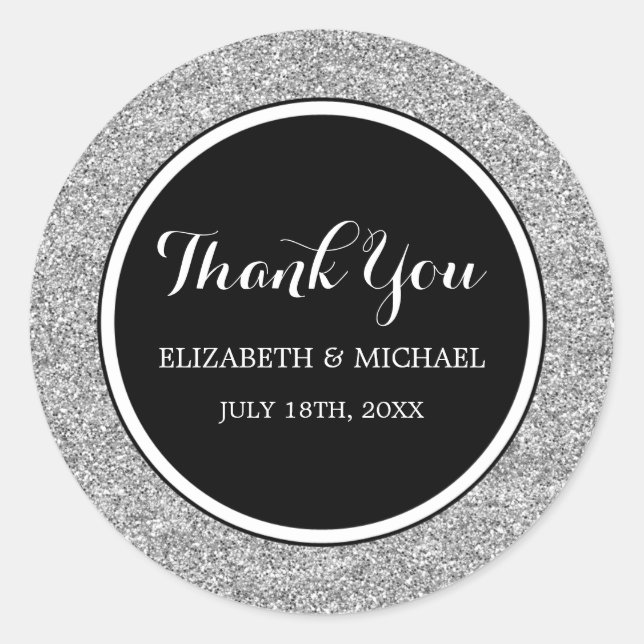 Modern Black Faux Silver Glitter Wedding Thank You Classic Round Sticker (Front)