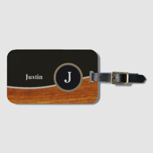 Modern Black/faux wood monogram Luggage Tag