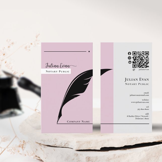 Modern Black feather pink Notary Public Qr code Business Card (Creator Uploaded)